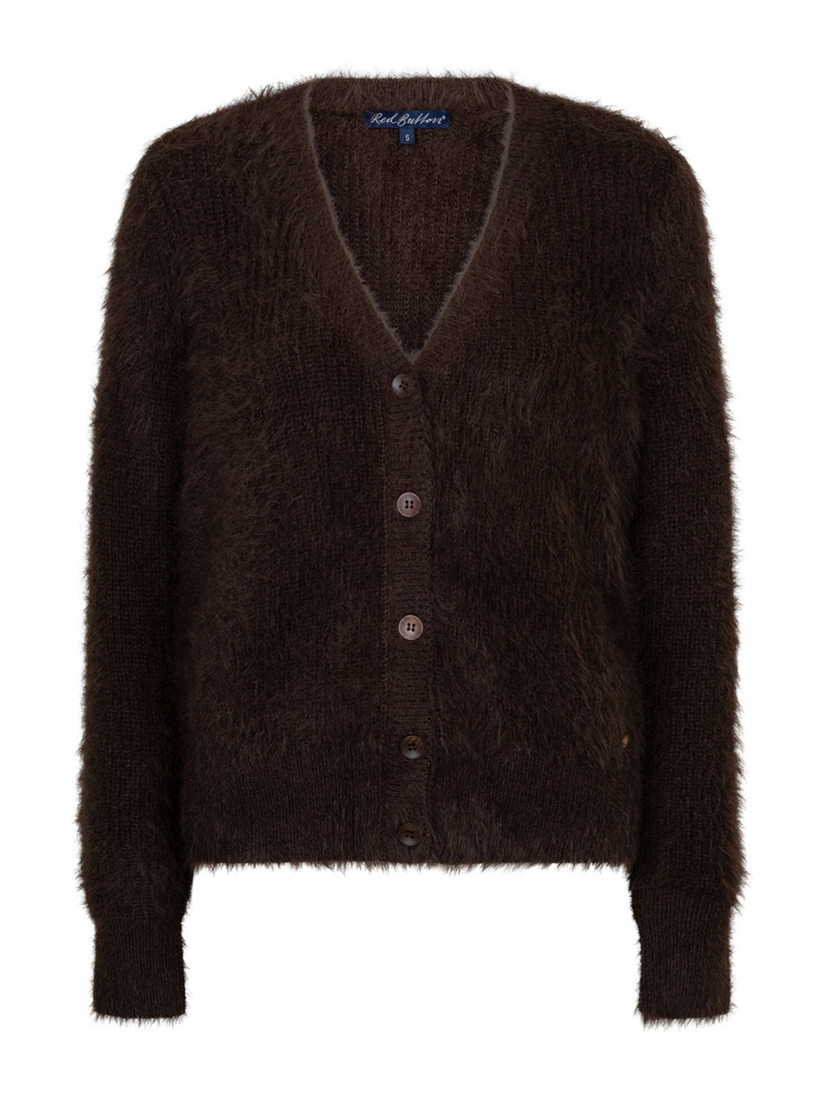 A dark brown fuzzy knit cardigan sweater with a V-neck, button-front closure, and long sleeves, shown on a plain white background.
