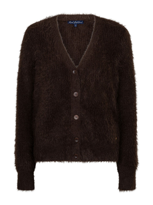 A dark brown fuzzy knit cardigan sweater with a V-neck, button-front closure, and long sleeves, shown on a plain white background.