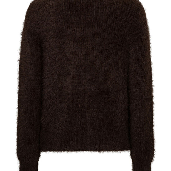 A dark brown fuzzy knit sweater with long sleeves and ribbed cuffs, shown from the back on a plain white background.