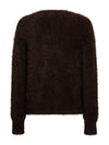 A dark brown fuzzy knit sweater with long sleeves and ribbed cuffs, shown from the back on a plain white background.
