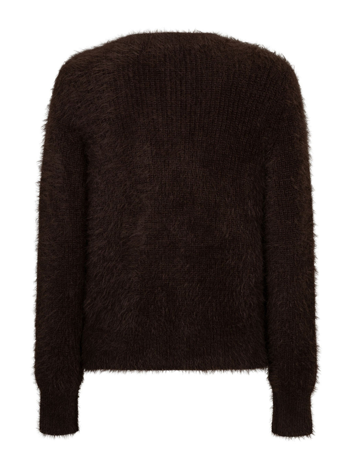 A dark brown fuzzy knit sweater with long sleeves and ribbed cuffs, shown from the back on a plain white background.