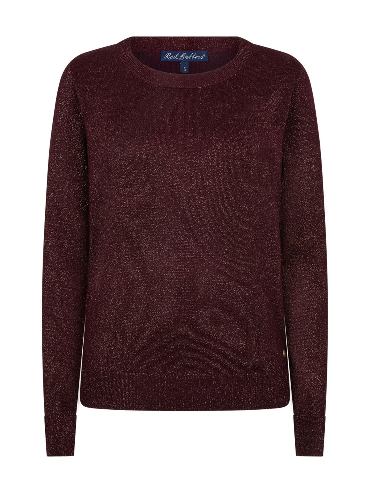 A long-sleeve crewneck sweater in a dark, heathered burgundy  shade, shown against a plain white background. The brand name 'Red Button' is visible on the inner neck label.