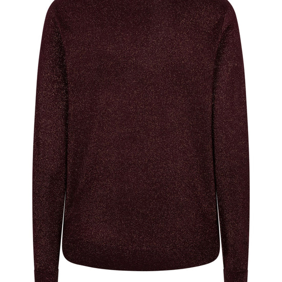 A dark burgundy long-sleeve knit sweater shown from the back on a plain white background.