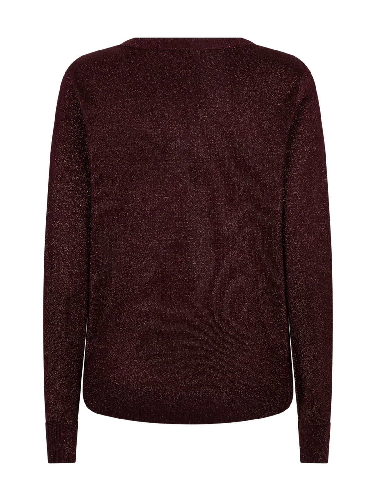 A dark burgundy long-sleeve knit sweater shown from the back on a plain white background.