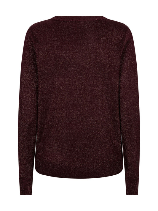 A dark burgundy long-sleeve knit sweater shown from the back on a plain white background.