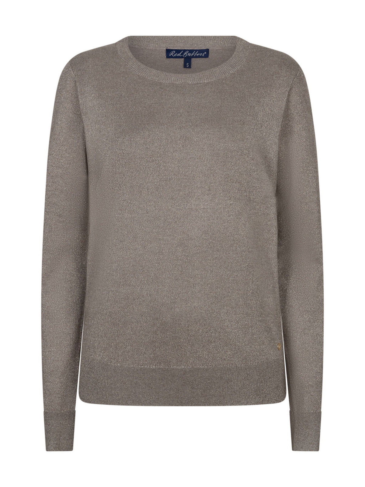 A long-sleeve crewneck sweater in a heathered taupe-gray metallic color, shown on a plain white background. The brand label 'Red Button' is visible inside the collar.
