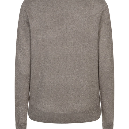 A long-sleeve knit sweater shown from the back, in a solid taupe-gray metallic color, displayed on a clean white background.