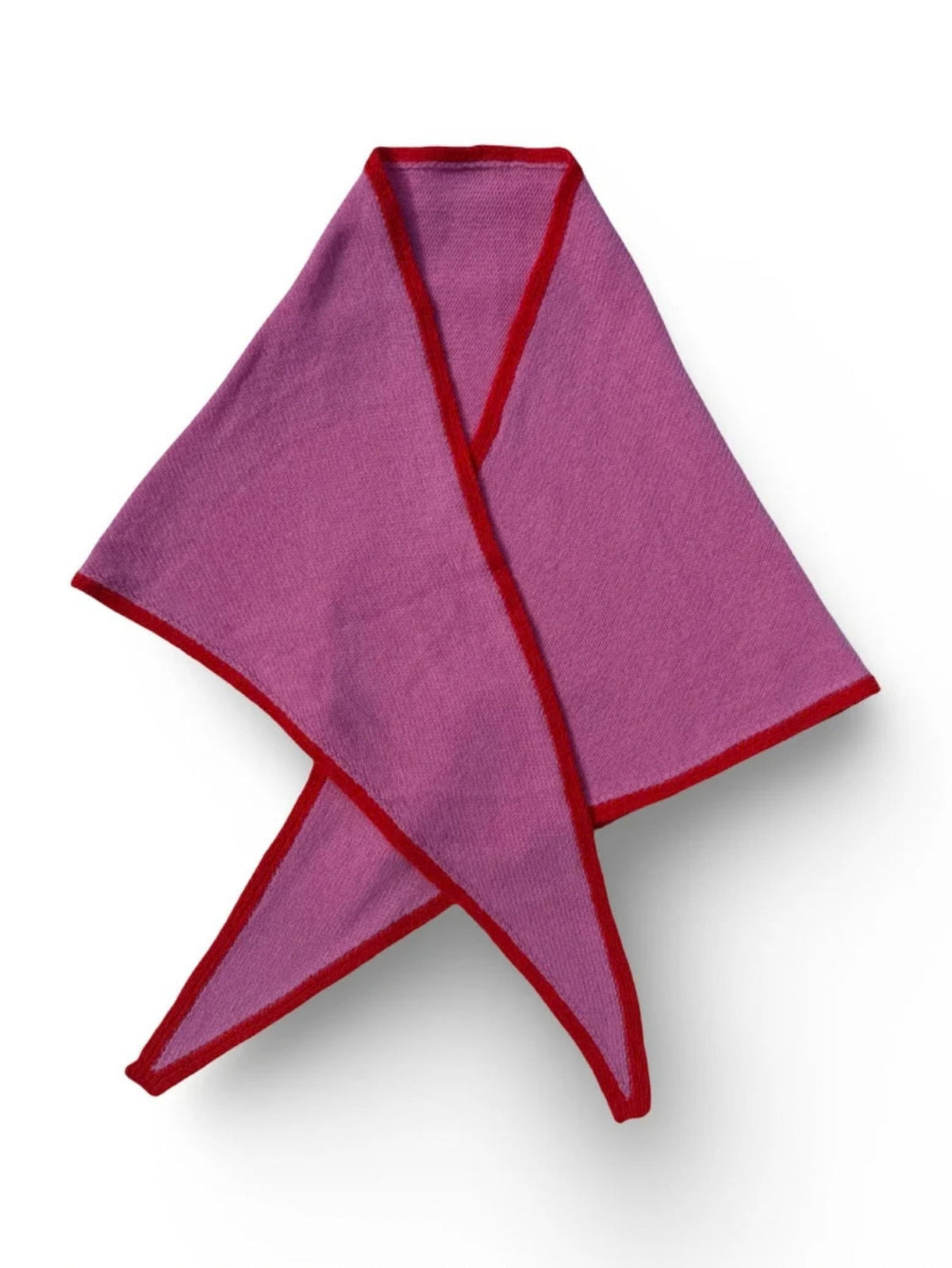 A folded Pink Triangular Scarf with red trim, arranged in a crossed pattern on a white background.