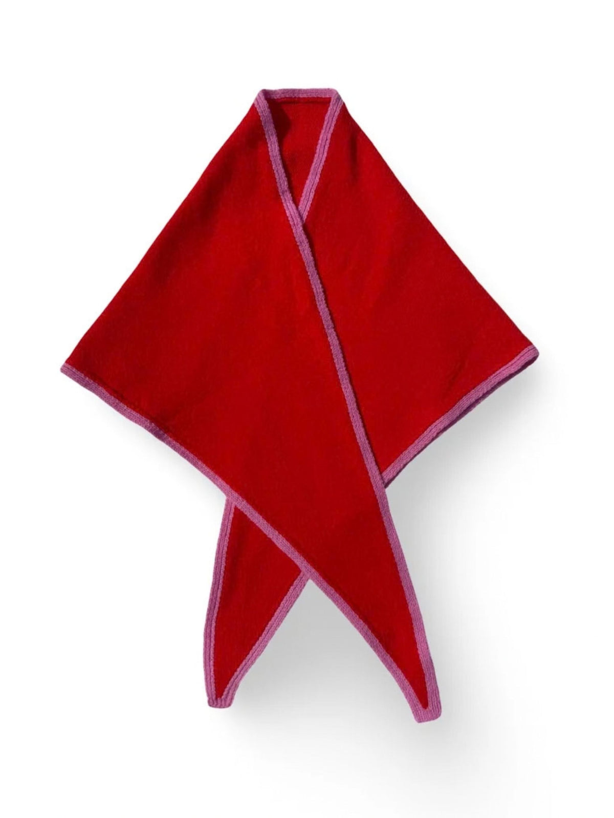 A folded Red Triangular Scarf with Pink trim, arranged in a crossed pattern on a white background.