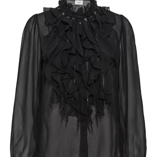 A black sheer long-sleeve blouse featuring a dramatic, layered ruffled mock neck and front overlay, displayed on a clean white background.