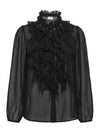 A black sheer long-sleeve blouse featuring a dramatic, layered ruffled mock neck and front overlay, displayed on a clean white background.