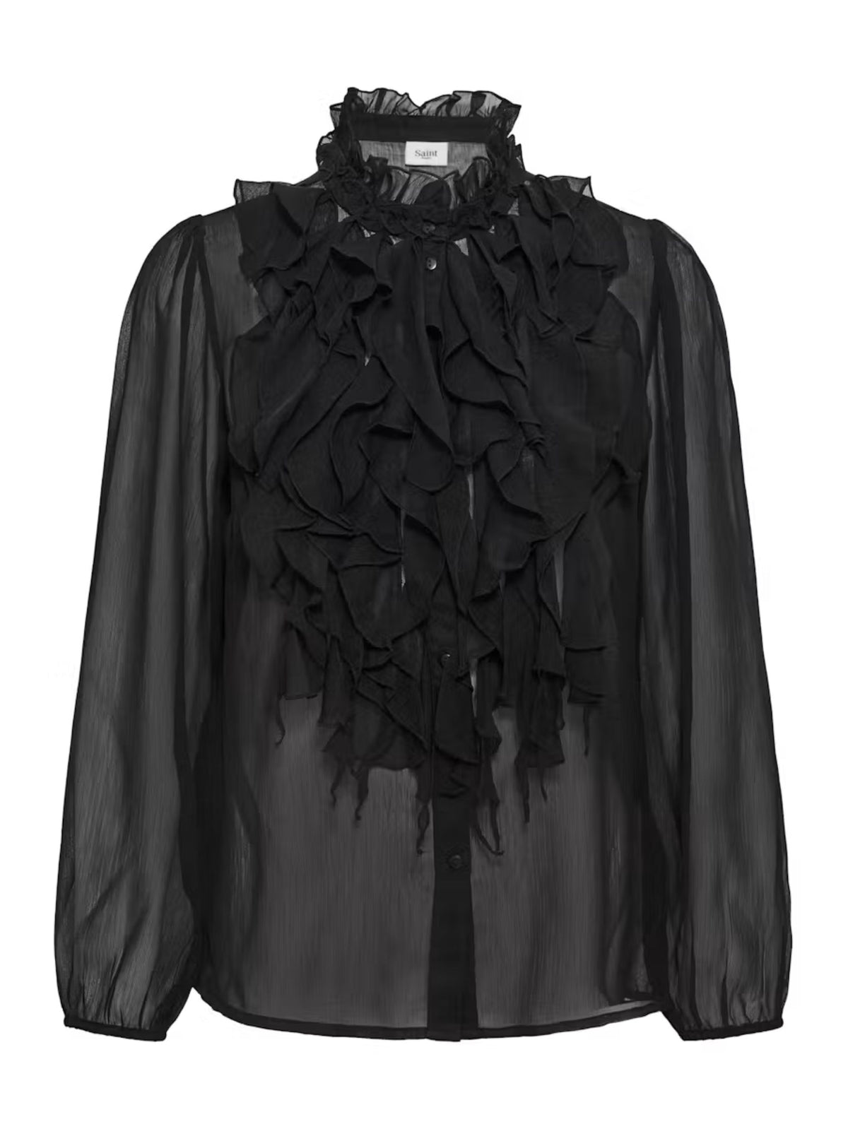 A black sheer long-sleeve blouse featuring a dramatic, layered ruffled mock neck and front overlay, displayed on a clean white background.