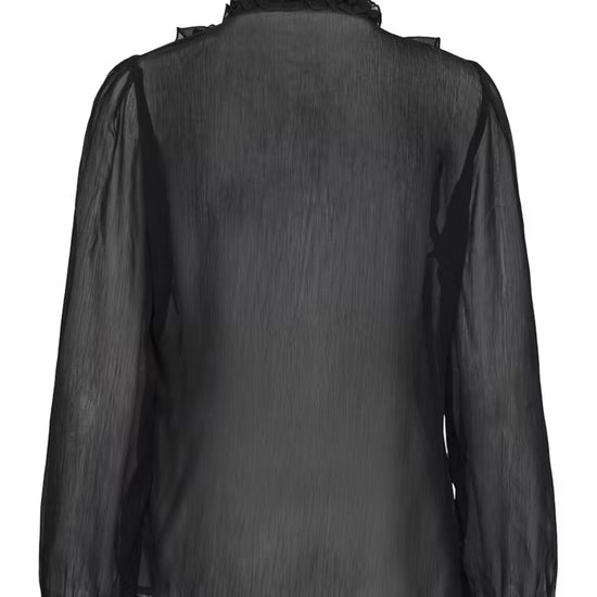 A black sheer long-sleeve blouse with a ruffled mock neck, shown from the back against a plain white background.