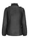 A black sheer long-sleeve blouse with a ruffled mock neck, shown from the back against a plain white background.