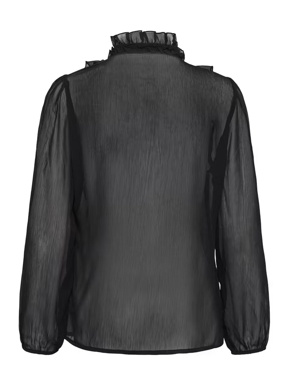 A black sheer long-sleeve blouse with a ruffled mock neck, shown from the back against a plain white background.