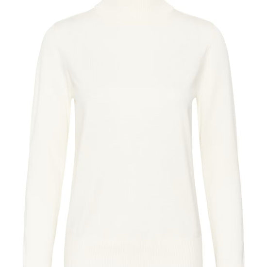 A long-sleeve knit turtleneck sweater in off-white, shown against a plain white background.