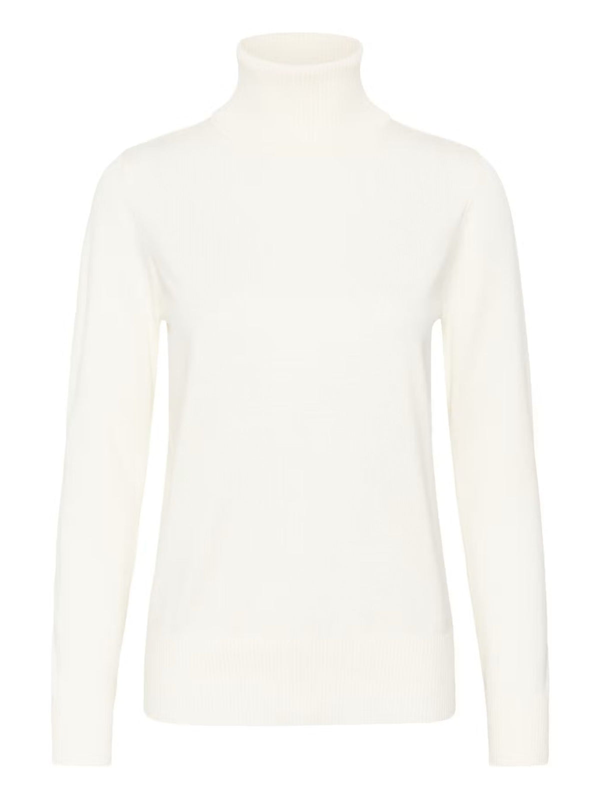 A long-sleeve knit turtleneck sweater in off-white, shown against a plain white background.