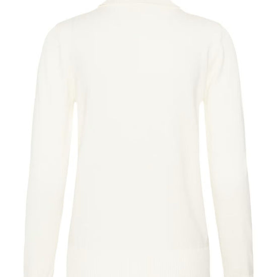 A long-sleeve turtleneck sweater in a solid off-white color, shown from the back against a plain white background.