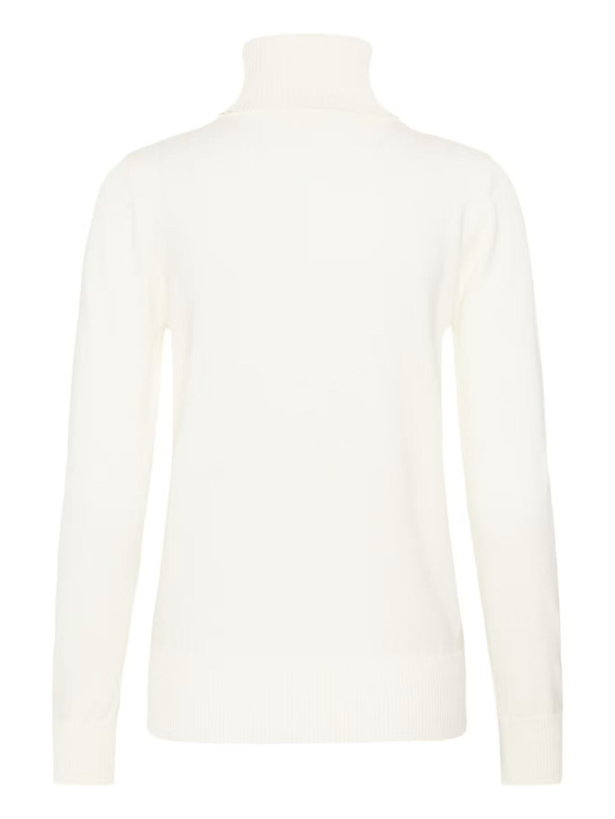 A long-sleeve turtleneck sweater in a solid off-white color, shown from the back against a plain white background.