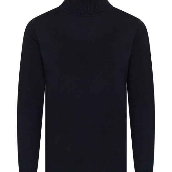 A dark navy blue knit turtleneck sweater displayed on a clean white background.