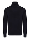 A dark navy blue knit turtleneck sweater displayed on a clean white background.
