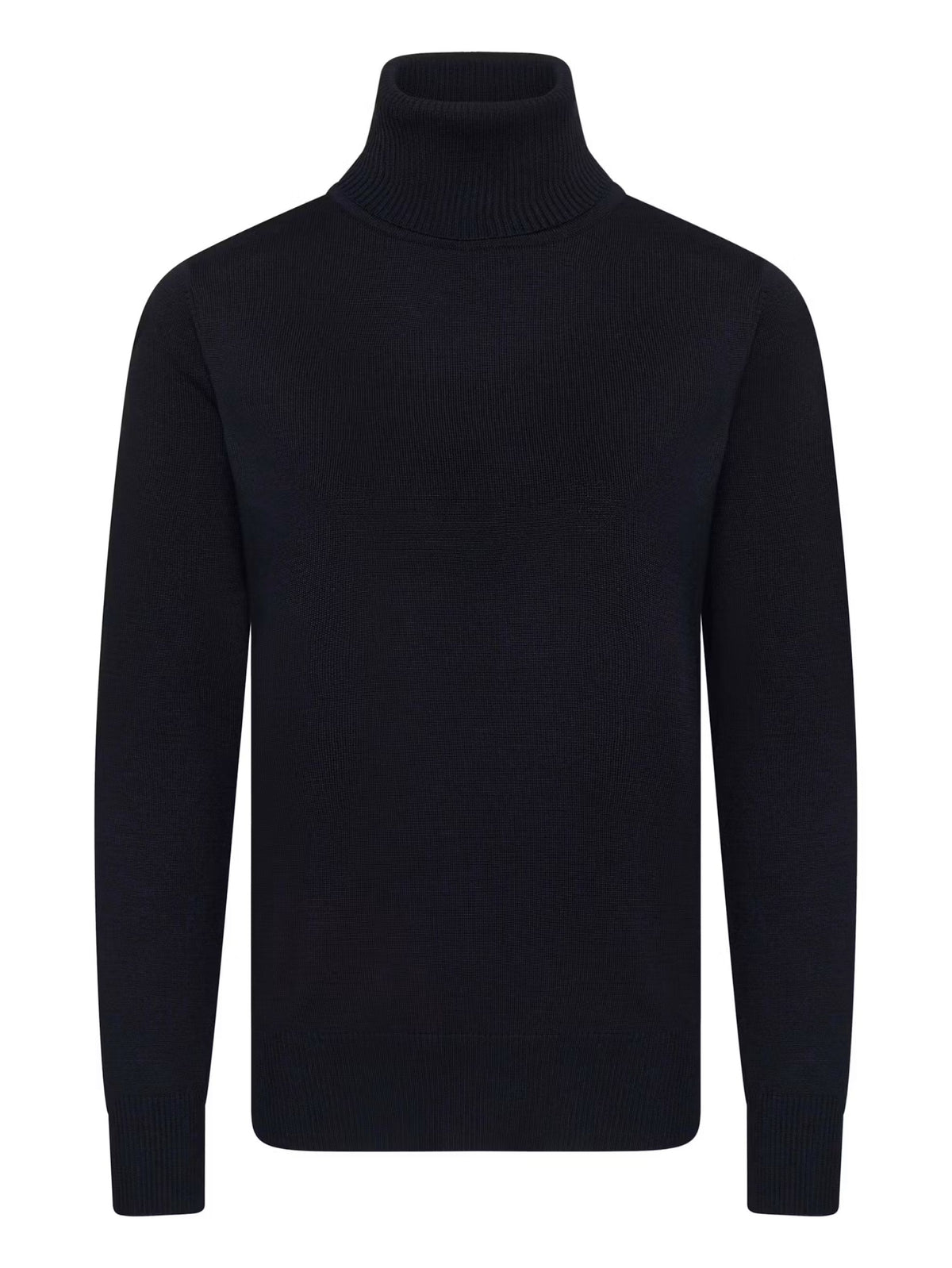 A dark navy blue knit turtleneck sweater displayed on a clean white background.