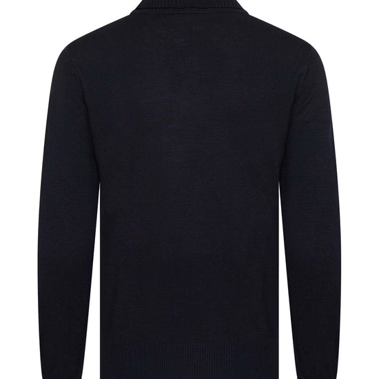 A dark navy blue knit sweater with a mock neck or turtleneck collar, shown from the back on a plain white background.