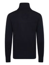 A dark navy blue knit sweater with a mock neck or turtleneck collar, shown from the back on a plain white background.