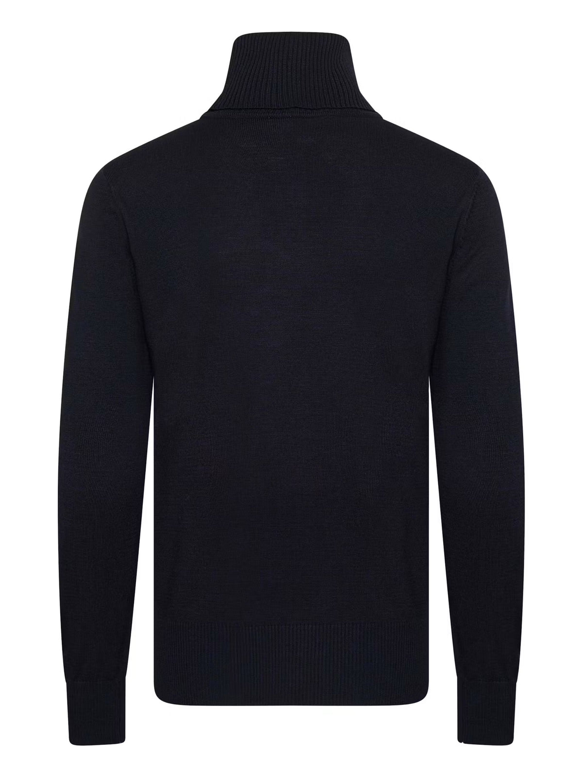 A dark navy blue knit sweater with a mock neck or turtleneck collar, shown from the back on a plain white background.