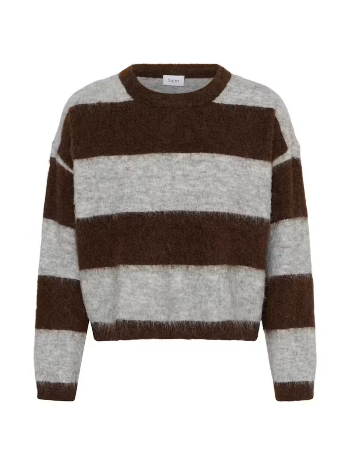 A fuzzy knit crewneck sweater with horizontal stripes in dark brown and light heather grey, shown against a plain white background.