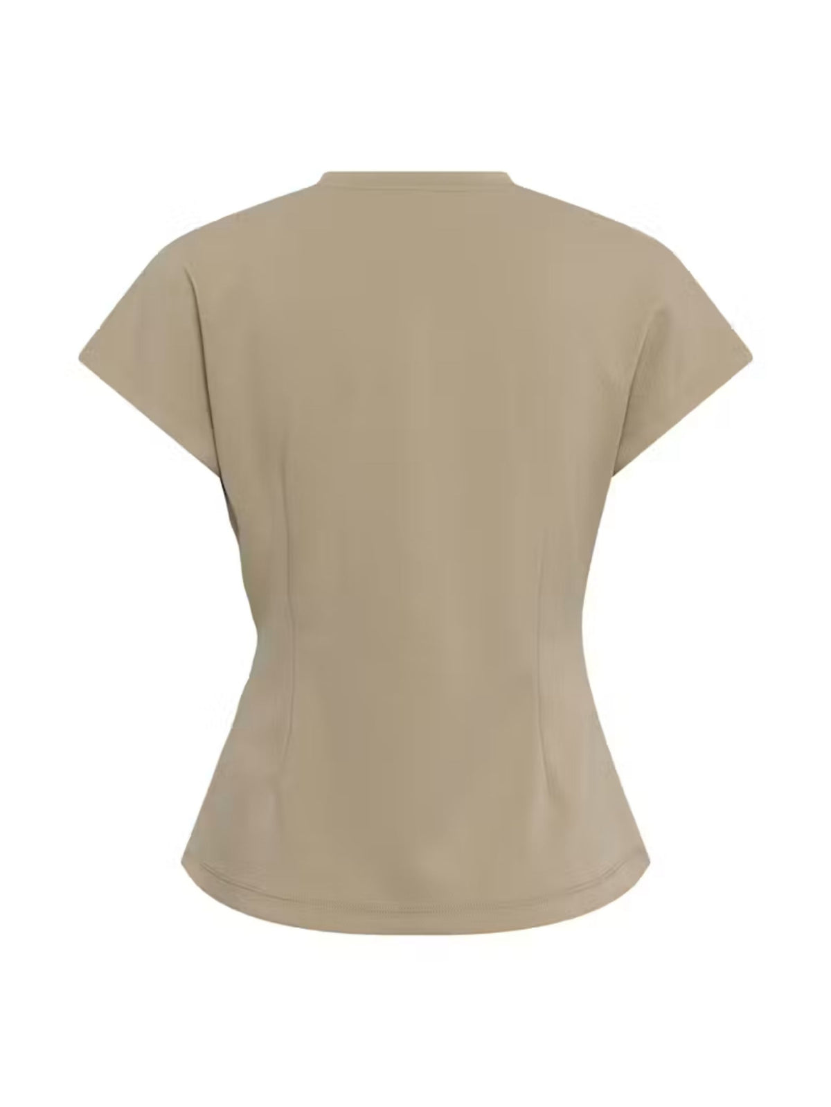 A beige short-sleeve scrub top shown from the back, featuring a structured, slightly flared silhouette and a crew neck, displayed on a clean white background.