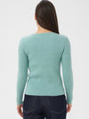 A woman viewed from the back wearing a ribbed long-sleeve sweater in a light aqua color, paired with dark blue jeans, against a plain light gray studio background.