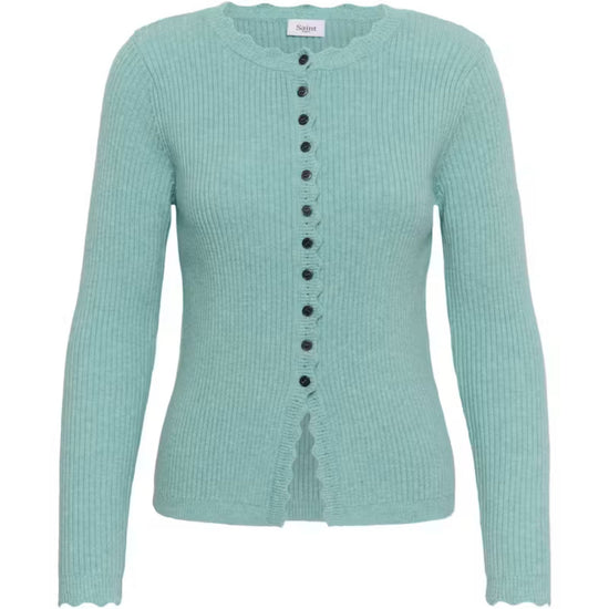 A light aqua ribbed knit cardigan sweater with a scalloped neckline and hem, featuring a front button closure with black buttons.