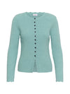 A light aqua ribbed knit cardigan sweater with a scalloped neckline and hem, featuring a front button closure with black buttons.