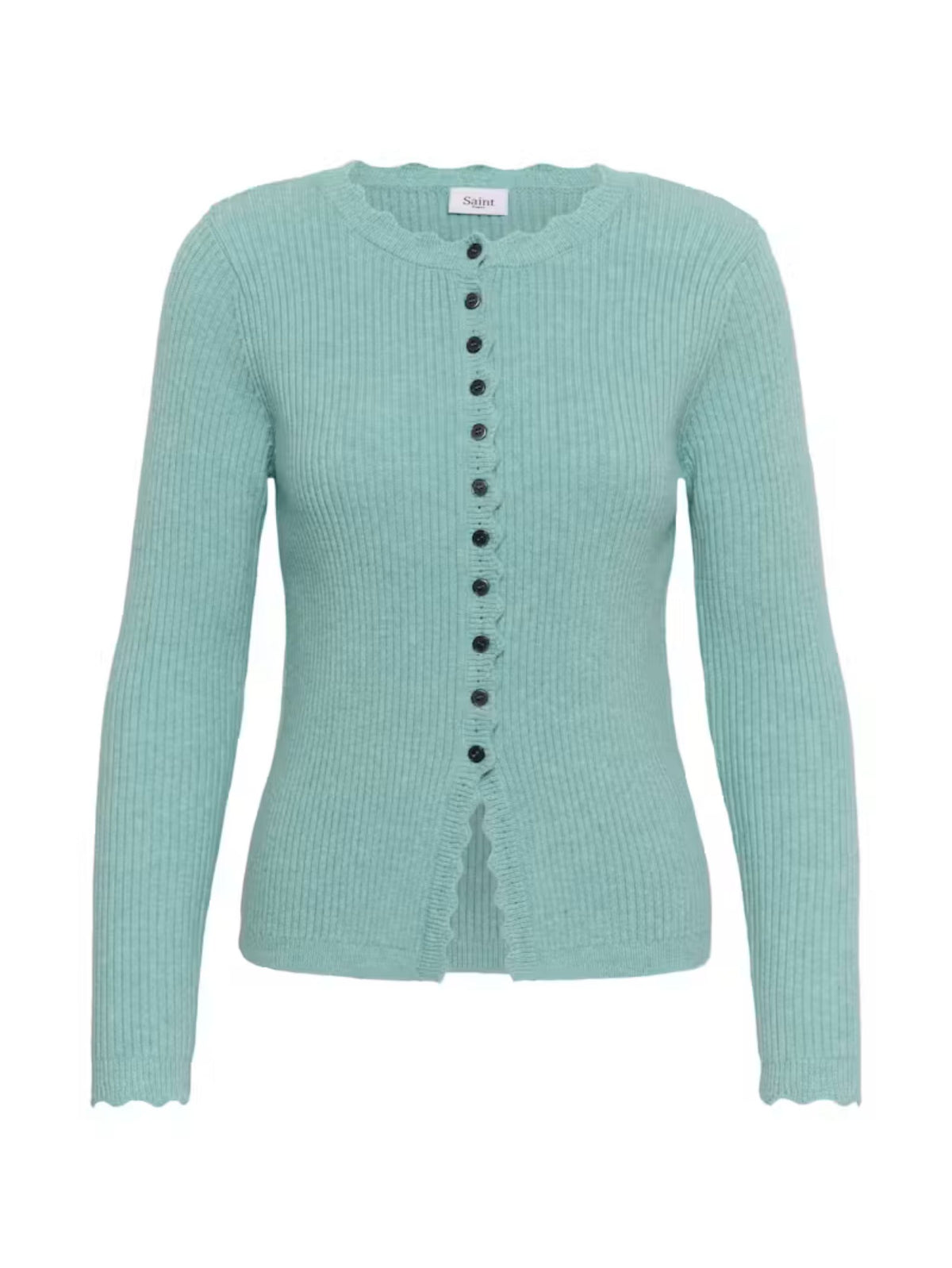 A light aqua ribbed knit cardigan sweater with a scalloped neckline and hem, featuring a front button closure with black buttons.