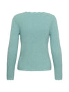 A light aqua ribbed knit sweater with long sleeves and a scalloped neckline, shown from the back on a plain white background.