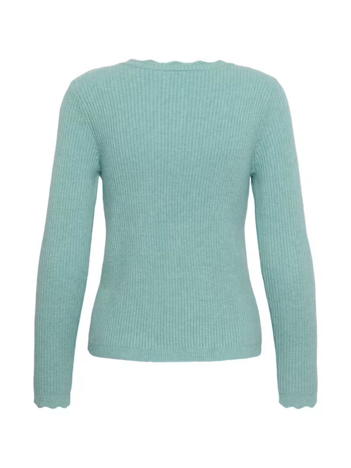 A light aqua ribbed knit sweater with long sleeves and a scalloped neckline, shown from the back on a plain white background.