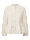 An off-white textured blouse with long balloon sleeves, a smocked bodice, and a peplum hem, shown against a plain white background.