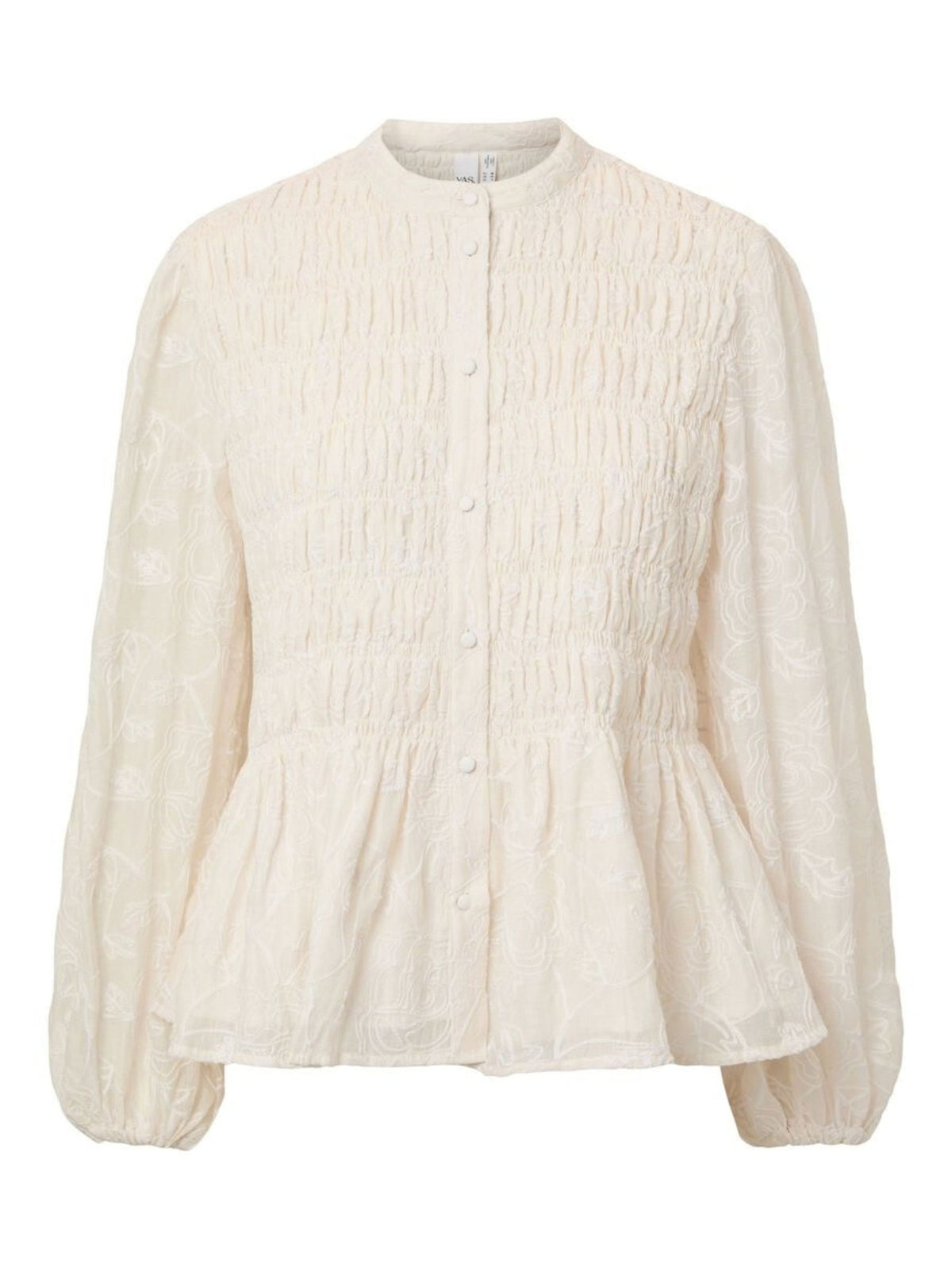 An off-white textured blouse with long balloon sleeves, a smocked bodice, and a peplum hem, shown against a plain white background.