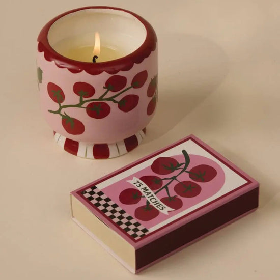 Paddywax A Dopo Candle in Heirloom Tomatoe Scent Vessel covered in vine of tomatoes