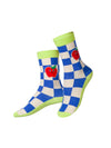Checkered socks with apple design on a white background.
