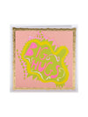A square greeting card featuring a pink background with a decorative gold border and a central green and pink abstract shape that reads 'BIG HUGS'.