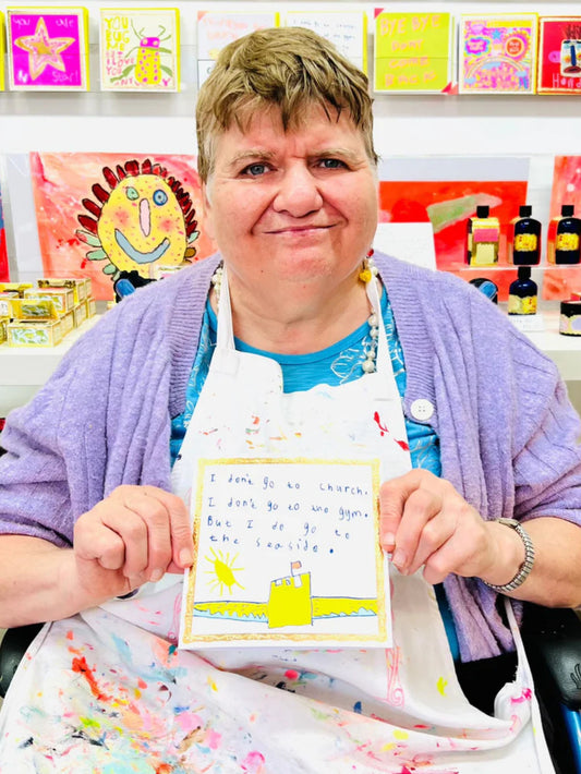 Arthouse Unlimited I Don't go to Church Greetings Card held by Artist Karen