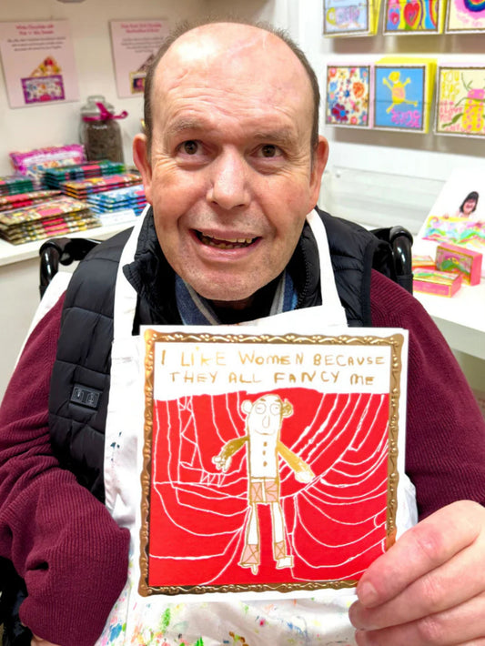 Arthouse Unlimited I Like Women Greetings Card held by Artist Peter