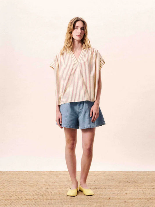 Butter yellow striped cotton blouse with a relaxed fit, button front.