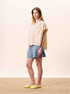 Butter yellow striped cotton blouse with a relaxed fit, button front.