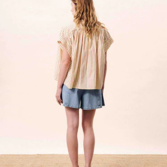 Butter yellow striped cotton blouse with a relaxed fit, button front.