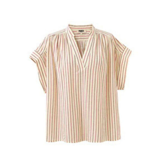 Butter yellow striped cotton blouse with a relaxed fit, button front.