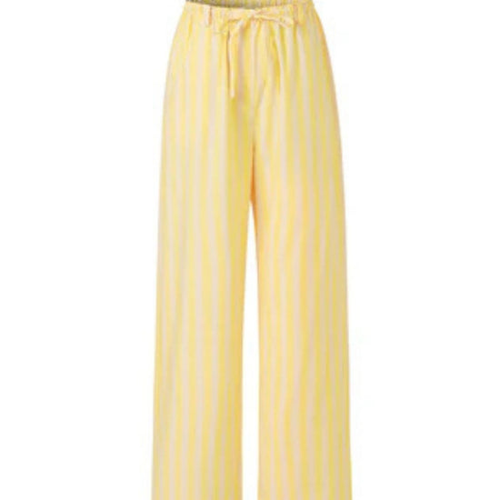 Butter yellow striped wide-leg trousers with a relaxed fit and lightweight tailored finish.