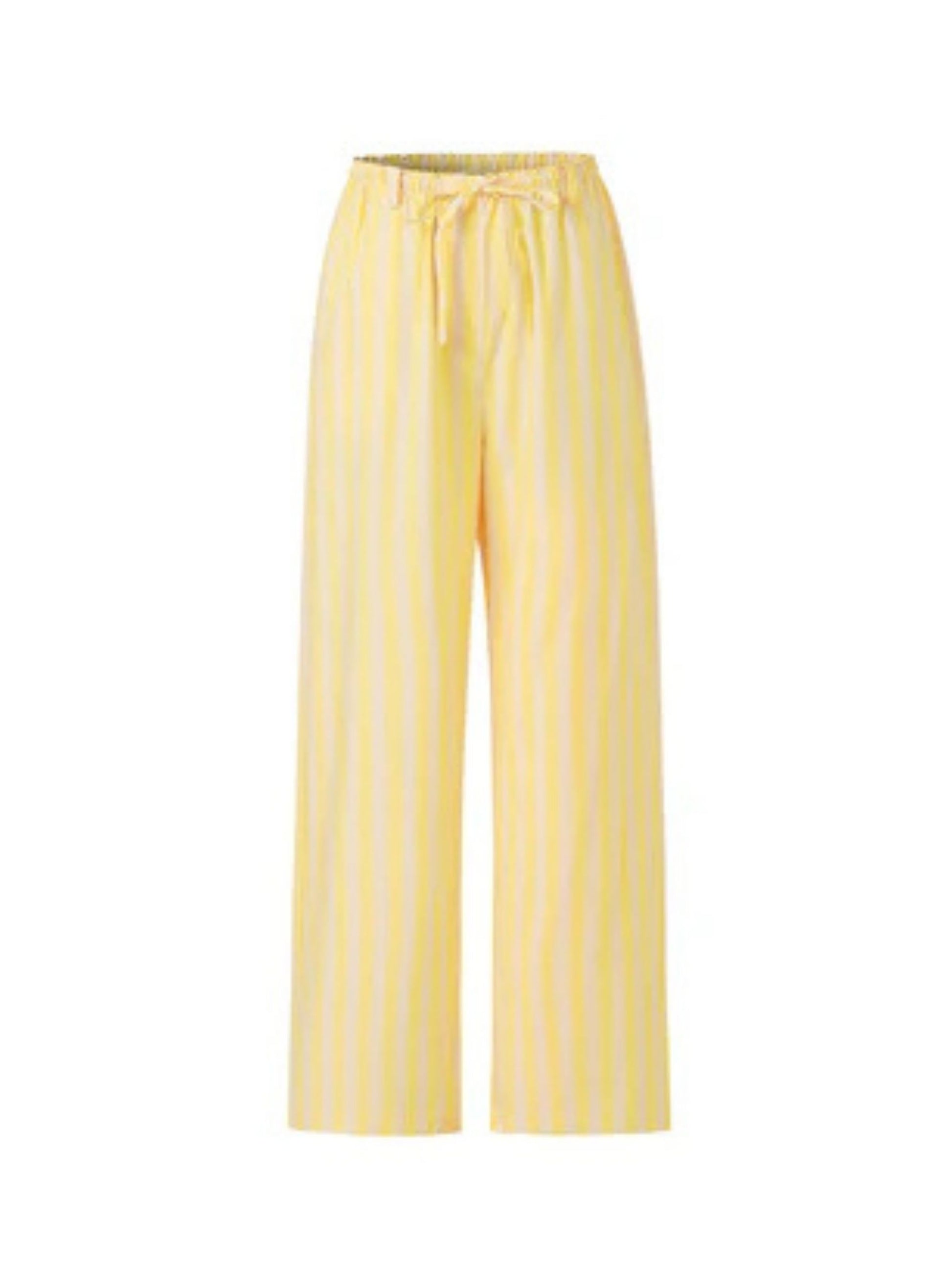Butter yellow striped wide-leg trousers with a relaxed fit and lightweight tailored finish.